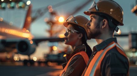 A man and a woman in hard hats and safety vests are looking at an airplane.の素材