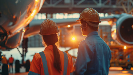 Two aircraft maintenance engineers in hard hats inspecting a jet engineの素材