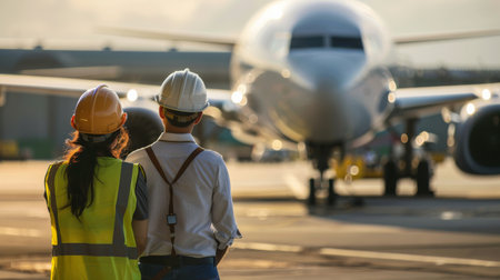 Two engineers wearing hard hats looking at an airplaneの素材