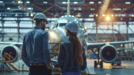 Two aircraft maintenance engineers in hard hats discussing the repair of a passenger airplane in a hangar.の素材