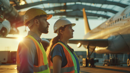 Two engineers in hard hats and safety vests looking at the airplane in the hangarの素材