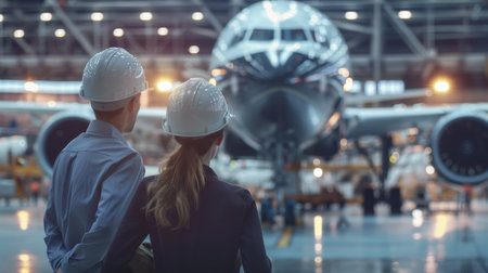 Two engineers in hard hats looking at an airplane in a hangar.の素材