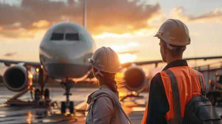 Two airport workers in hard hats watch as the sun sets over a parked airplane.の素材