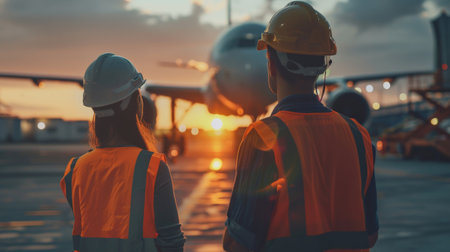 Two airport workers in hard hats and safety vests watch as the sun sets over the runway.の素材