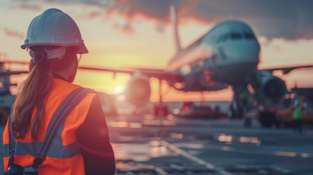 An airport worker wearing a hard hat and safety vest looks at a plane taking off at sunset.の素材