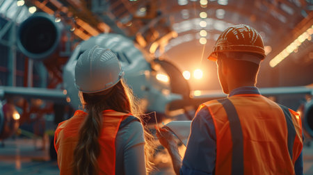 Two aircraft maintenance engineers in hard hats and reflective vests inspect the engine of a passenger airplane in a hangar.の素材