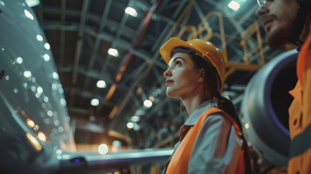 A female aircraft maintenance engineer wearing a hard hat and safety vest looks up at the wing of an aircraft.の素材