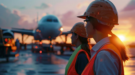 Two female engineers in hard hats watch as an airplane takes off at sunset.の素材