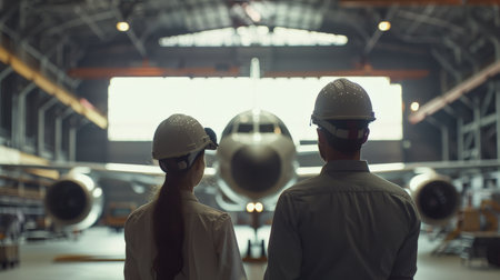 Two maintenance workers look at a passenger plane in a hangar.の素材
