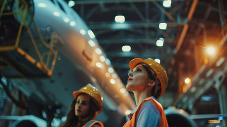 Two women in hard hats looking up at an airplane in a hangarの素材