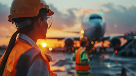 An airport worker wearing a hard hat and safety glasses looks at a plane.の素材