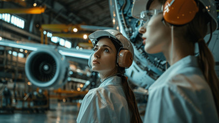 Two women in hard hats and protective gear looking at an airplane engine.の素材