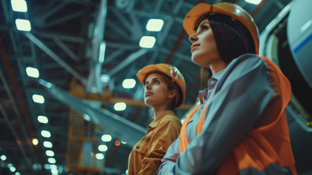 Two women in hard hats looking at an airplane wing.の素材