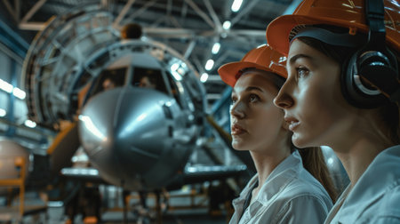 Two women in hard hats and headphones looking at an airplane.の素材