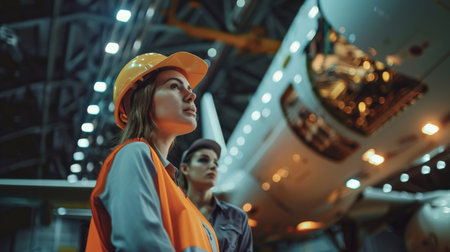 Portrait of two confident female engineers in hard hats inspecting an airplane engine in a hangar.の素材