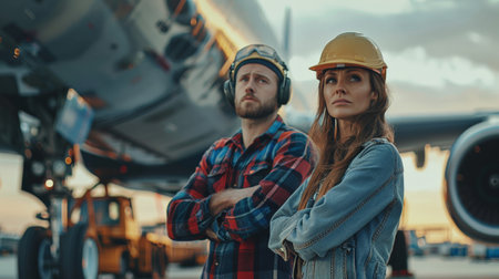 A man and a woman standing in front of an airplane.の素材