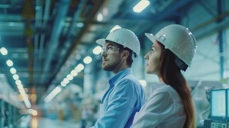 Two engineers in hardhats looking at something.の素材
