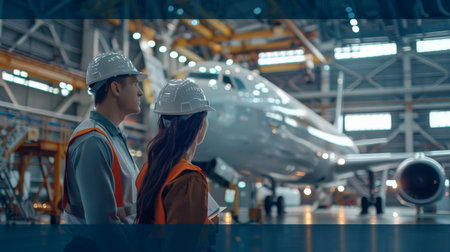 Two maintenance workers look over a parked airplane.の素材