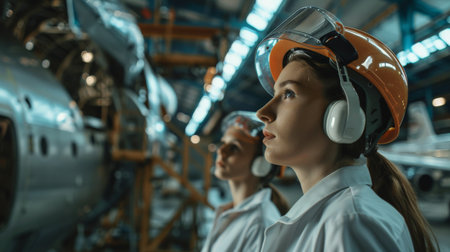 Two women in hard hats and safety goggles look at an airplane wing.の素材