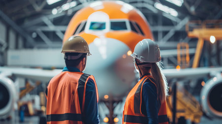Two maintenance workers look at a passenger jet in a hangar.の素材