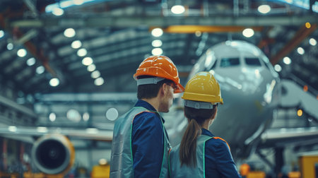 Two maintenance workers look at a passenger plane in a hangar.の素材