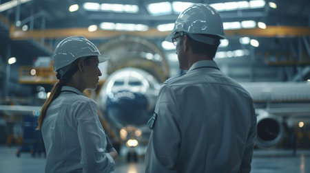 Two aircraft maintenance engineers in hardhats discussing repairs in a hangarの素材