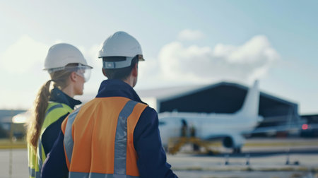Two airport workers in hard hats and safety vests look at a plane.の素材