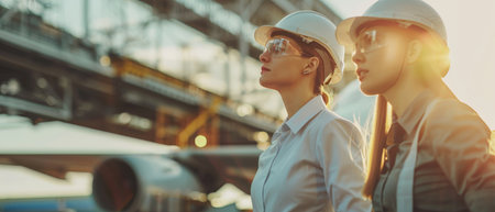 Two female engineers in hard hats and safety glasses looking at an airplane wing.の素材