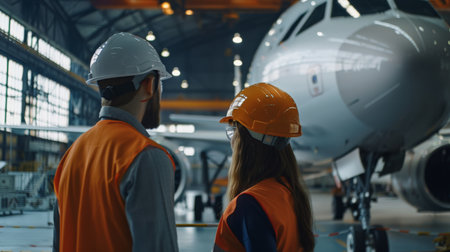 Two aircraft maintenance engineers wearing hard hats and safety vests inspect the body of a passenger airplane in a hangar.の素材