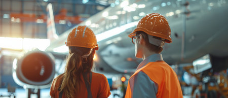 Two aircraft maintenance engineers in hard hats and safety vests inspect the engine of a passenger airplane in a hangar.の素材
