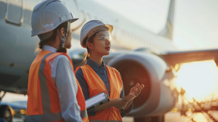 Two female engineers in hard hats and safety vests inspect a plane.の素材