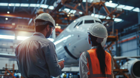 Two maintenance workers inspect the body of a passenger airplane in a hangar.の素材