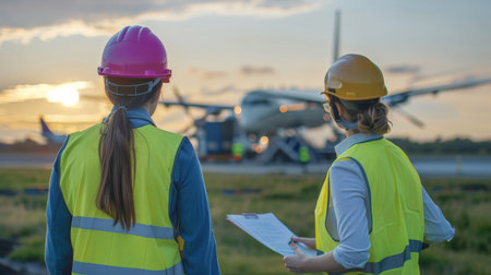 Two women in hard hats and safety vests watch an airplane land at sunset.の素材