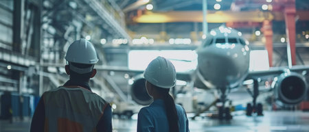 Two maintenance workers look at a plane in a hangar.の素材