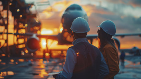 Two engineers in hard hats looking at an airplaneの素材