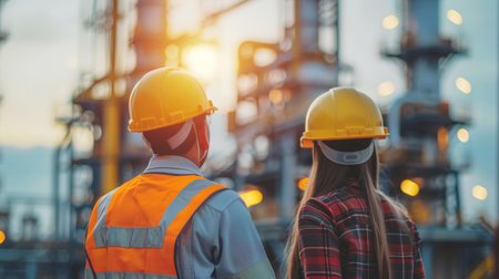 Two engineers in hard hats looking at an oil refinery.の素材