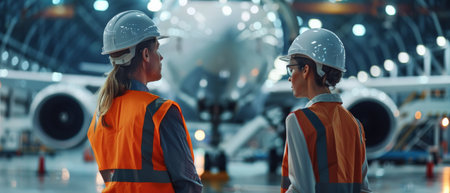 Back view of two female engineers in hardhats looking at each other while standing in airportの素材