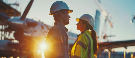 Engineer and foreman working on construction site at sunset. Industrial backgroundの素材