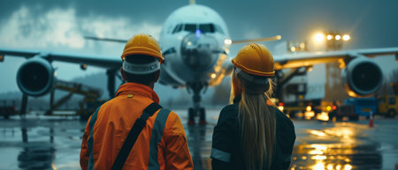 Back view of two workers standing in front of an airplane and looking at each other.の素材