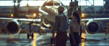 Back view of young businessman and businesswoman looking at airplane in airportの素材