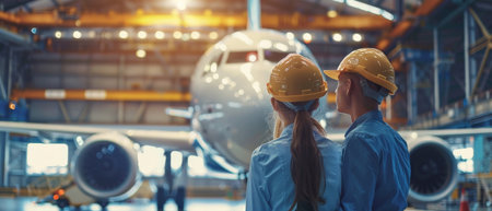 Back view of two female workers in hardhats standing in front of the airplaneの素材
