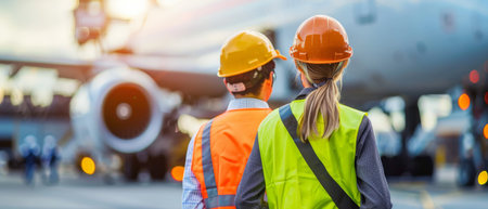 back view of male and female workers in helmets and vests looking at airplaneの素材