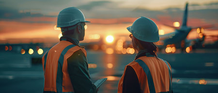 Two construction workers, wearing hard hats and reflective vests, look out over an airport runway at sunset.の素材