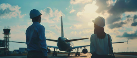 Two engineers in hard hats looking at an airplane on a runway at sunset.の素材