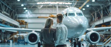 A man and a woman standing in a hangar looking at a airplane.の素材