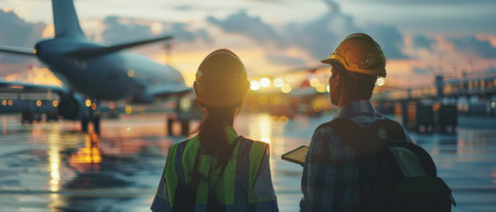 Two airport workers in hard hats watch as an airplane takes off at sunset.の素材