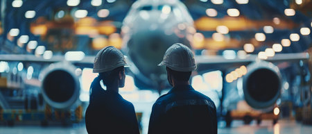 Two engineers in hard hats looking at a jet engineの素材