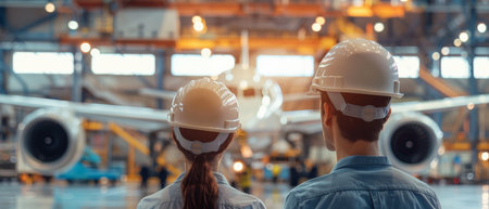 Two engineers in hard hats looking at an airplane in a hangar.の素材