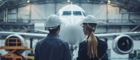 Two engineers in hardhats looking at an airplane in a hangar.の素材