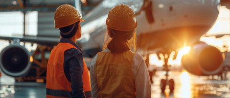 Two aircraft maintenance engineers in hard hats inspecting a jet engineの素材